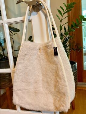 Victoria's Secret Cream Faux Fur Tote with White Straps